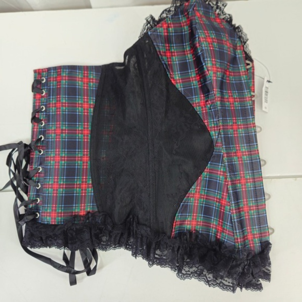 Victoria's Secret Adore Me Plaid Corset Lingerie Set Bustier Black Lace Boned Lg - Picture 16 of 16